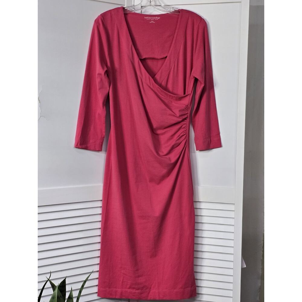Soft Surrounding Rose Knit 3/4 Slv Faux Wrap Ruched Dressy Casual Dress ST - Picture 3 of 10